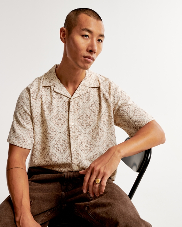 Camp Collar Textured Button-Up Shirt, Light Brown Pattern