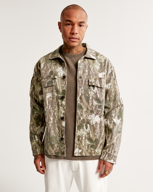 Twill Shirt Jacket, Light Brown And Green Camo