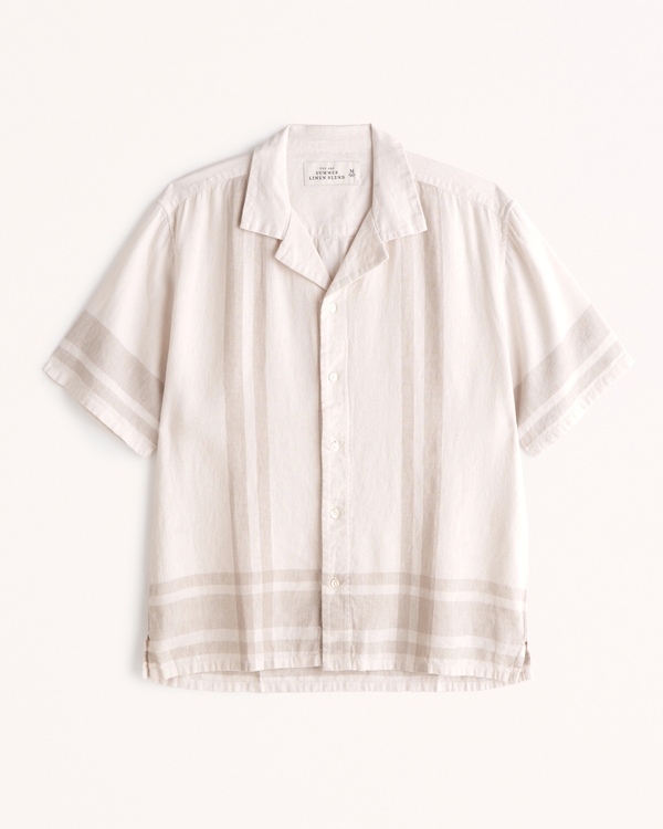 Camp Collar Summer Linen-Blend Striped Shirt, Cream Stripe