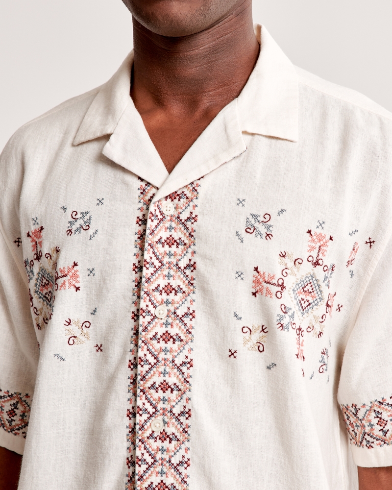 Men's Camp Collar Summer Linen-Blend Embroidered Shirt