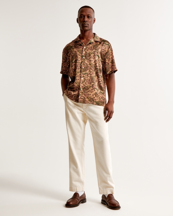 Camp Collar Silky Button-Up Shirt, Light Brown Pattern