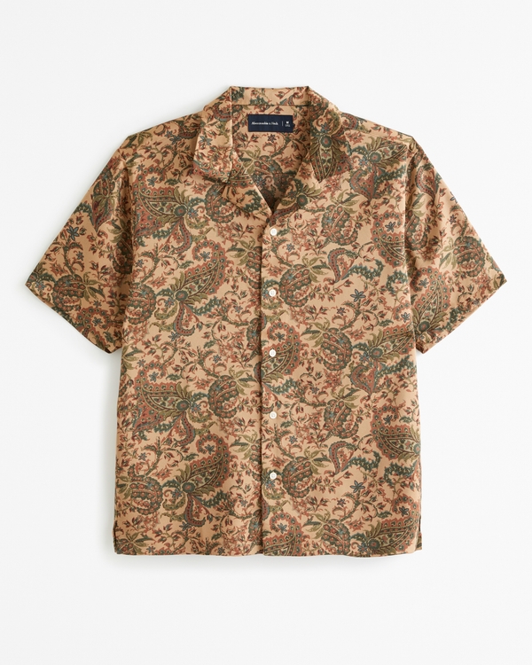 Camp Collar Silky Button-Up Shirt, Light Brown Pattern