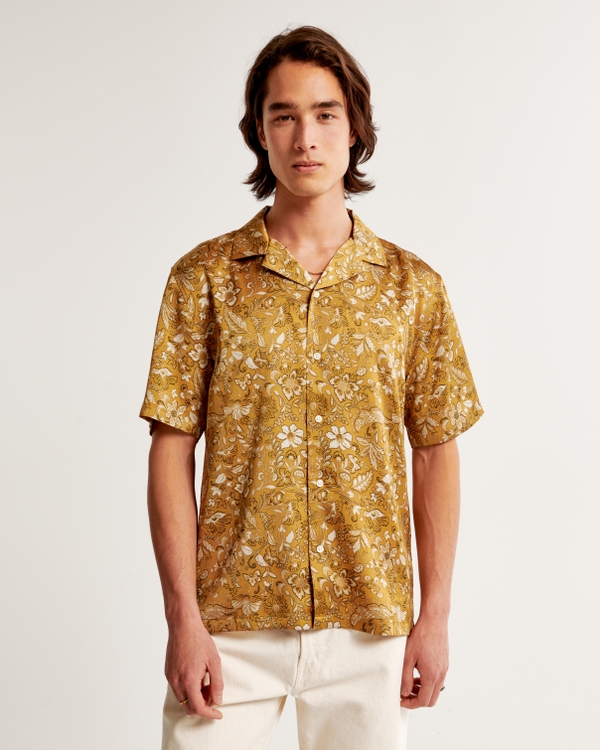Camp Collar Silky Button-Up Shirt, Dark Yellow Pattern
