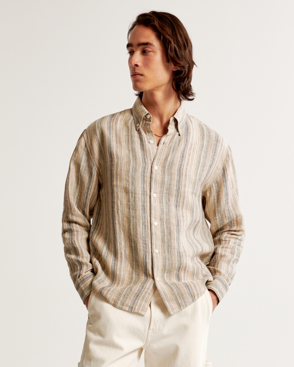 Linen Button-Up Shirt, Cream Texture