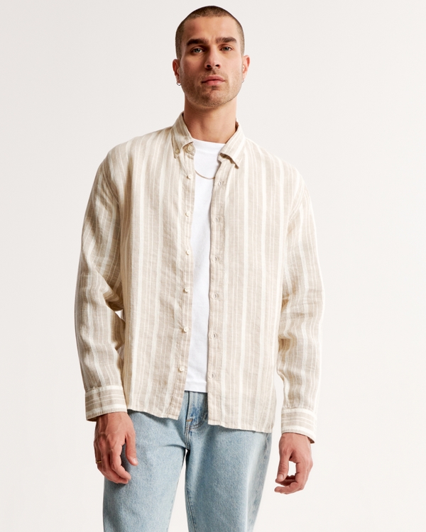 Linen Button-Up Shirt, Light Brown Texture