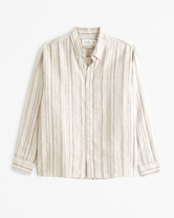Linen Button-Up Shirt, Tan Stripe
