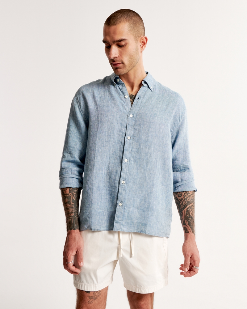 Men's Linen Button-Up Shirt, Men's Tops