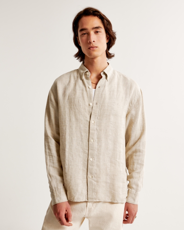 Summer Linen-Blend Button-Up Shirt, Light Brown Texture