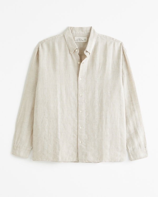 Summer Linen-Blend Button-Up Shirt, Light Brown Texture