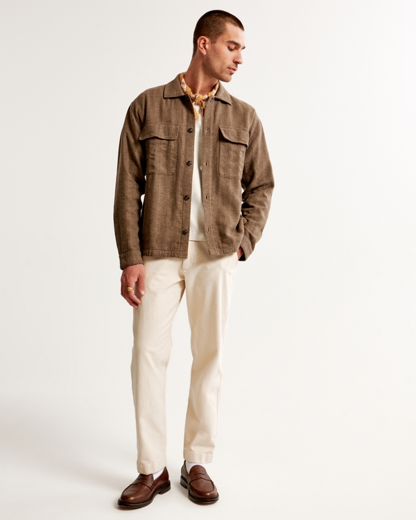 Linen-Blend Shirt Jacket, Brown Pattern