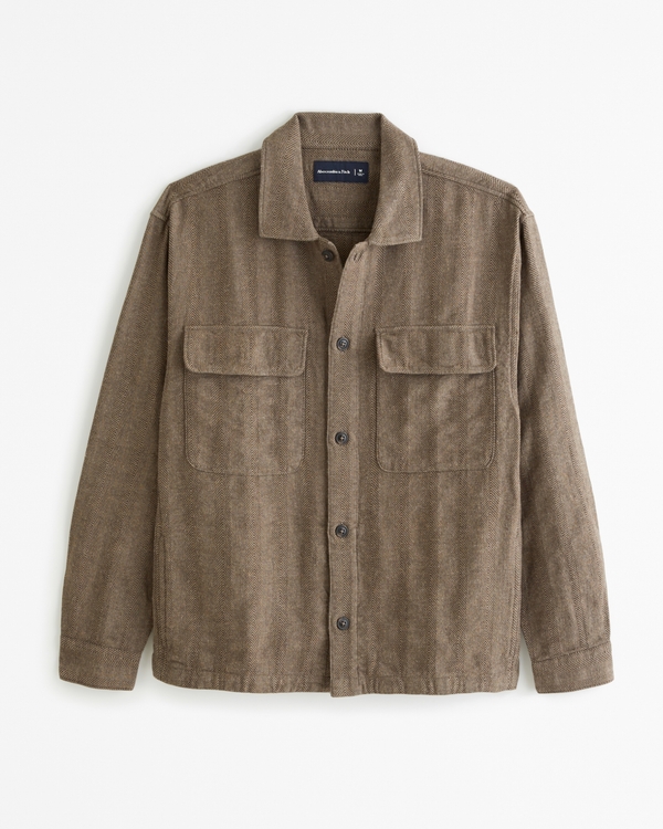 Linen-Blend Shirt Jacket, Brown Pattern