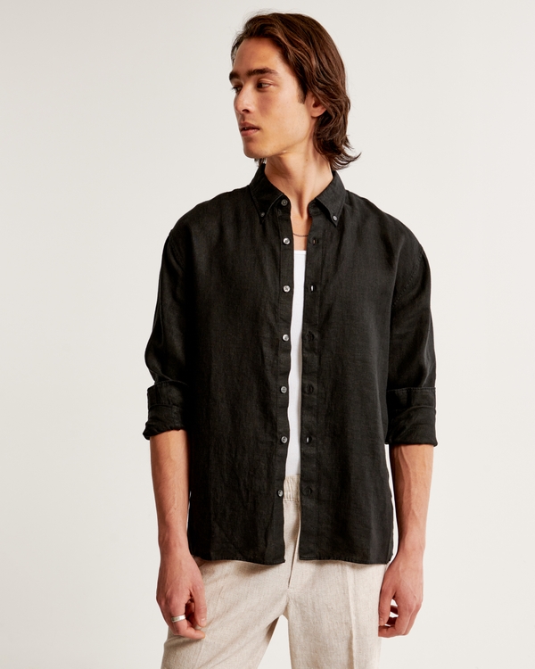 Linen Button-Up Shirt, Black