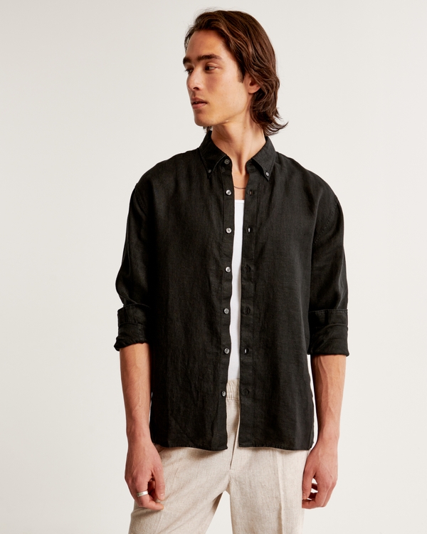 Chemise boutonnée en lin, Black