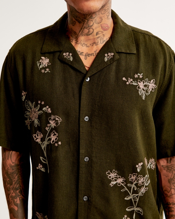 Camp Collar Summer Linen-Blend Embroidered Shirt, Dark Green