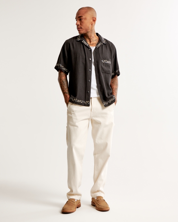 Camp Collar Summer Linen-Blend Embroidered Shirt, Black Pattern