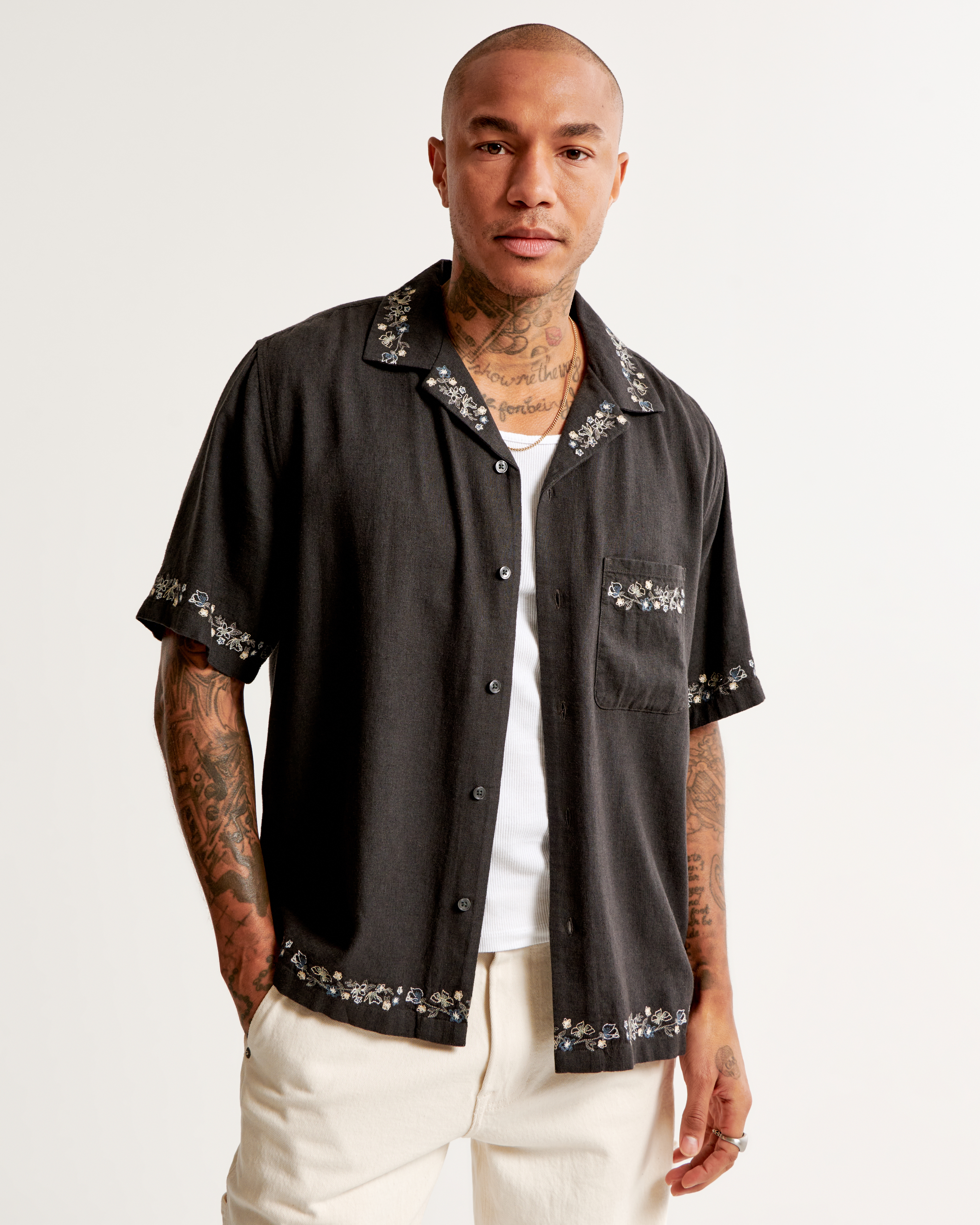 Men's Camp Collar Summer Linen-Blend Embroidered Shirt