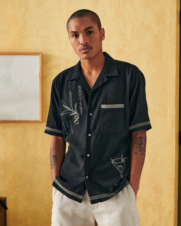 Camp Collar Summer Linen-Blend Embroidered Graphic Shirt, Black Pattern