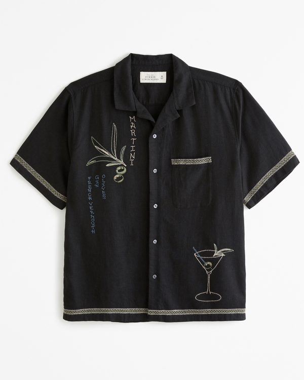 Camp Collar Summer Linen-Blend Embroidered Graphic Shirt, Black Pattern