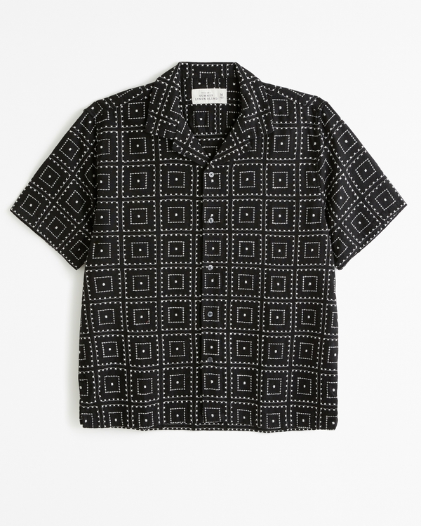 Camp Collar Summer Linen-Blend Embroidered Shirt, Black Pattern