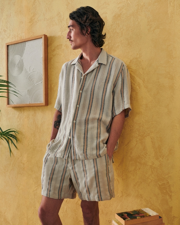 Camp Collar Linen-Blend Textured Shirt, Light Brown Stripe