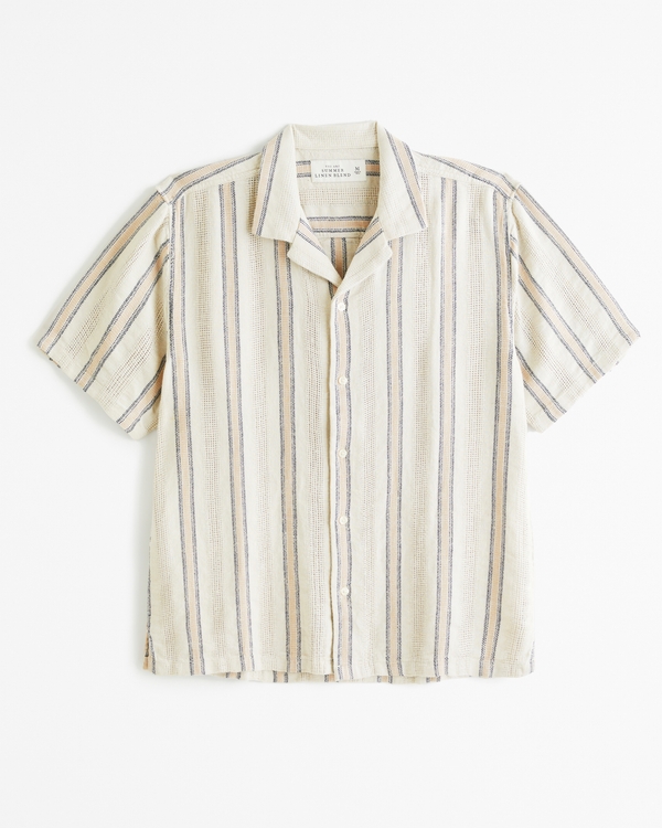 Camp Collar Linen-Blend Textured Shirt, Light Brown Stripe