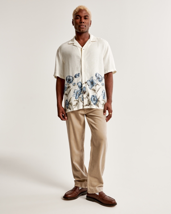 Camp Collar Summer Linen-Blend Shirt, Off White Floral