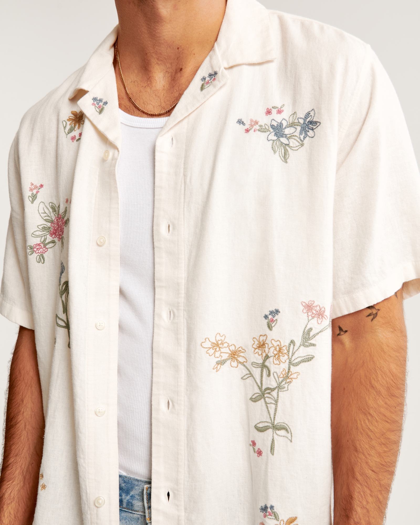 Embroidered Eyelet Short Sleeve Camp Collar Shirt in Cream