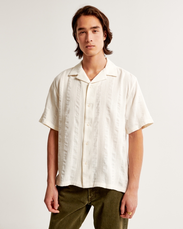 Camp Collar Linen-Blend Textured Shirt, Off White Stripe