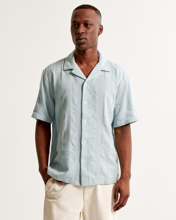 Camp Collar Linen-Blend Textured Shirt, Light Blue Stripe
