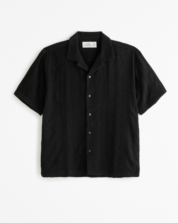 Camp Collar Linen-Blend Shirt, Black Stripe