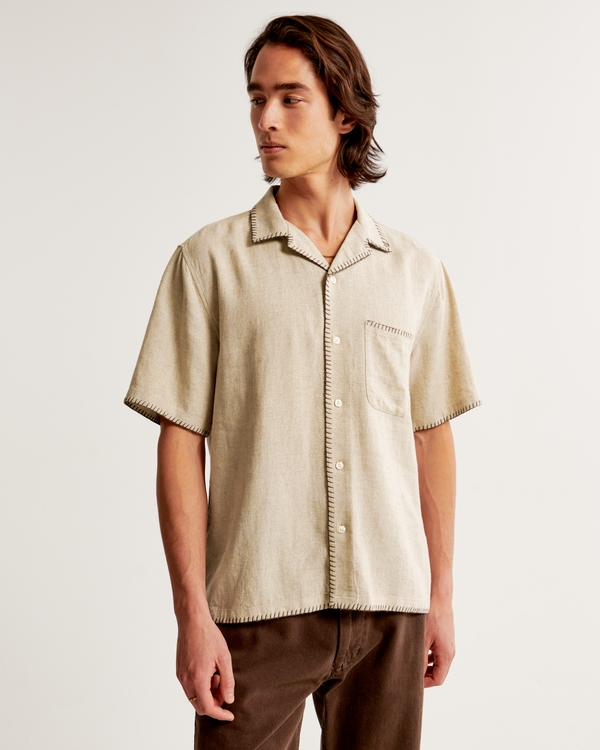 Camp Collar Summer Linen-Blend Shirt, Light Brown Pattern