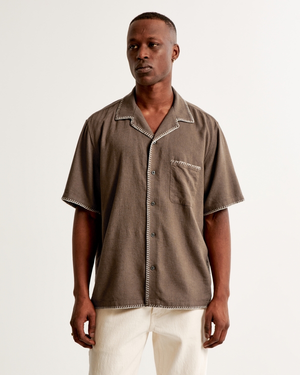 Camp Collar Summer Linen-Blend Shirt, Brown Pattern