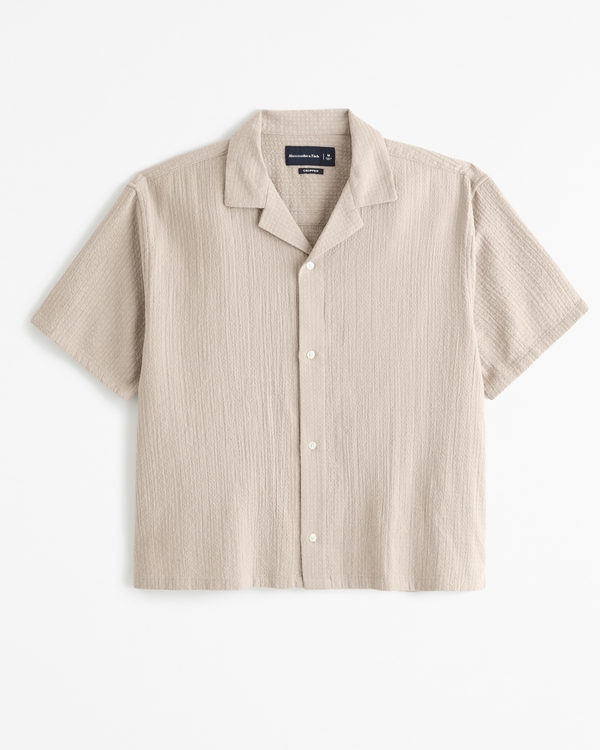 Camp Collar Cropped Textured Shirt, Taupe
