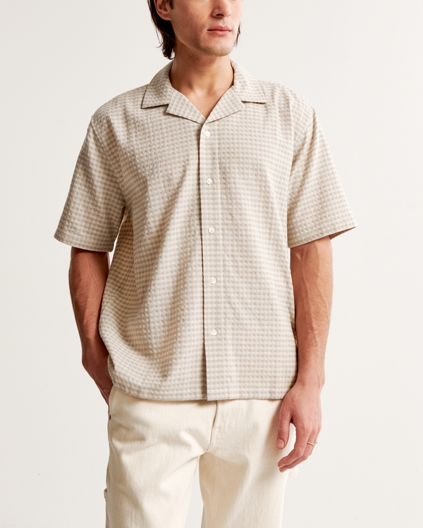 Camp Collar Textured Button-Up Shirt, Light Grey Pattern