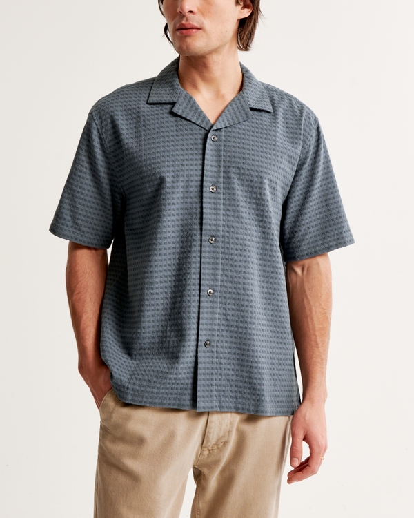 Camp Collar Textured Button-Up Shirt, Light Blue