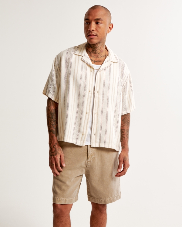 Camp Collar Cropped Summer Linen-Blend Shirt, Cream Stripe