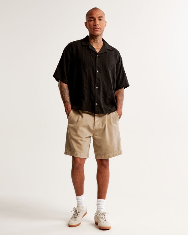 Camp Collar Cropped Summer Linen-Blend Shirt, Black