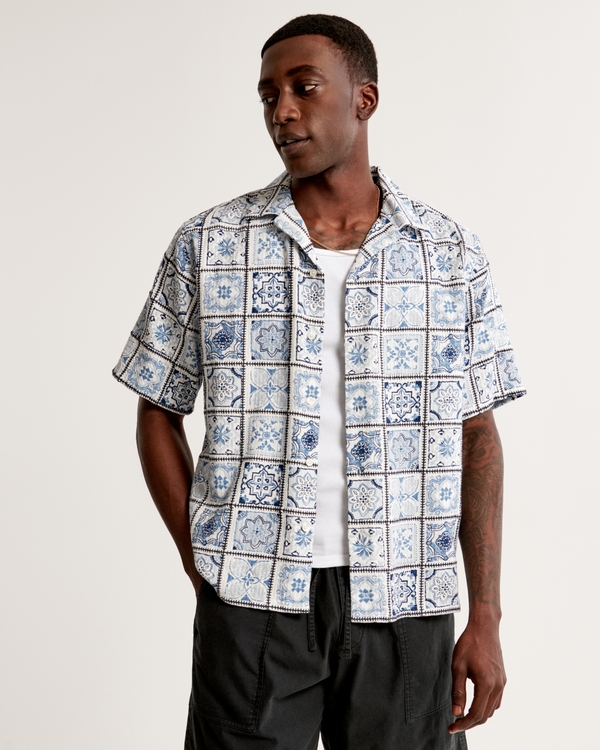 Camp Collar Linen-Blend Textured Shirt, Light Blue Pattern