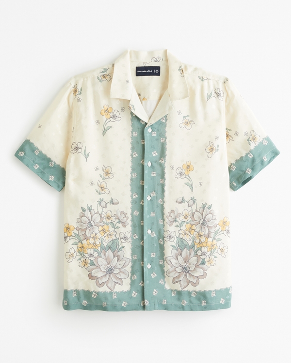 Camp Collar Silky Graphic Shirt, Cream Floral