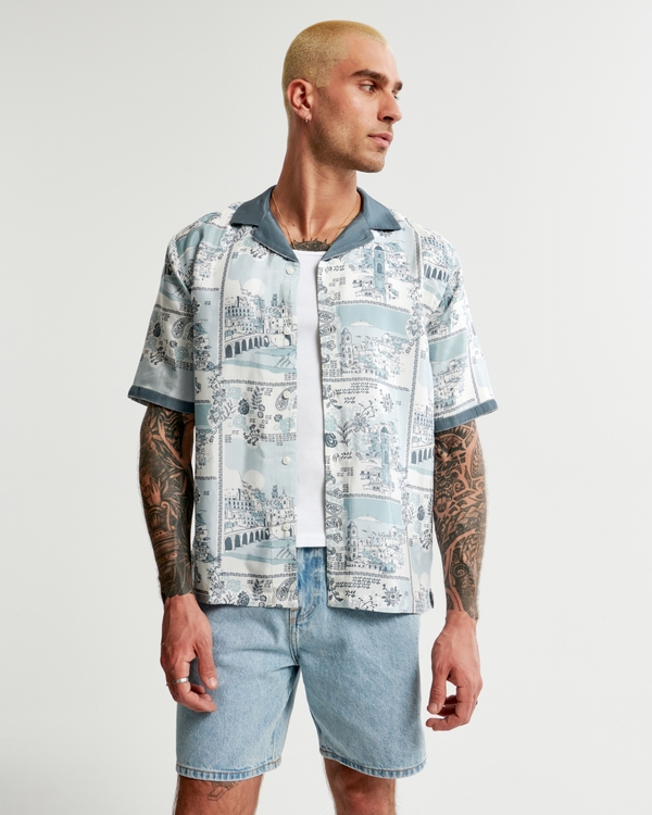 Camp Collar Silky Graphic Shirt, Light Blue Pattern