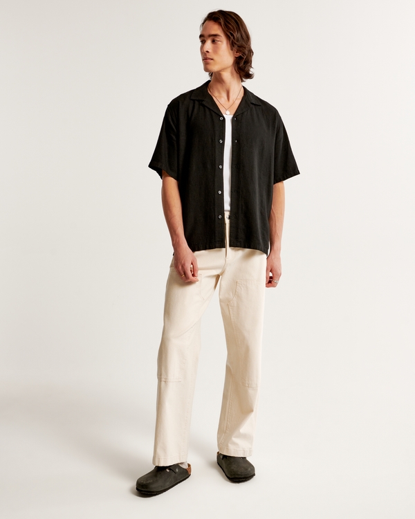 Camp Collar Summer Linen-Blend Shirt, Black