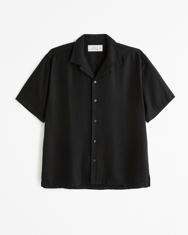 Camp Collar Summer Linen-Blend Shirt, Black