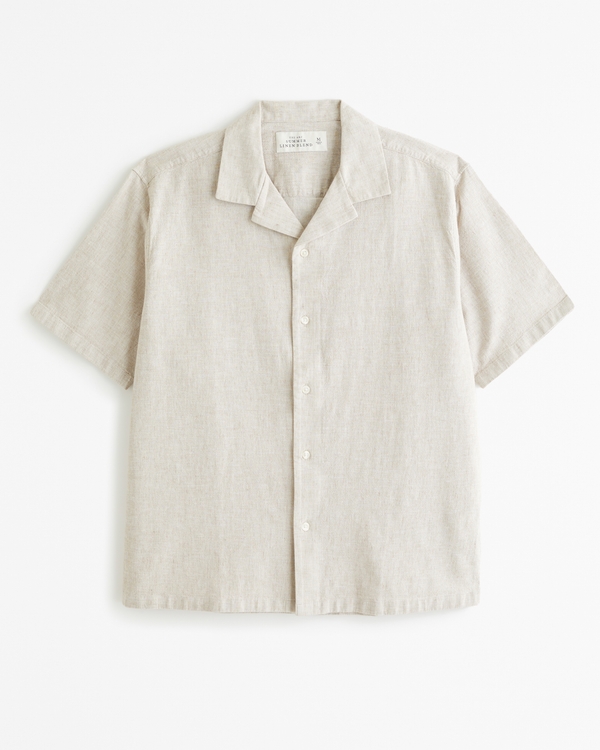Camp Collar Summer Linen-Blend Shirt, Cream Texture