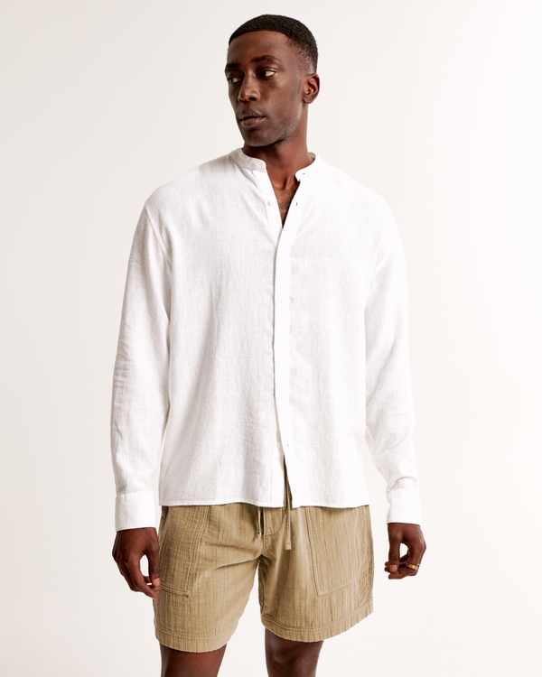 Banded Collar Summer Linen-Blend Shirt, White