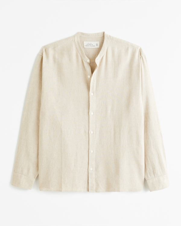 Banded Collar Summer Linen-Blend Shirt, Beige