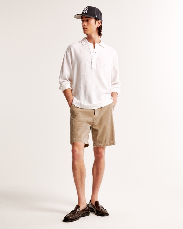 Long-Sleeve Summer Linen-Blend Popover, White