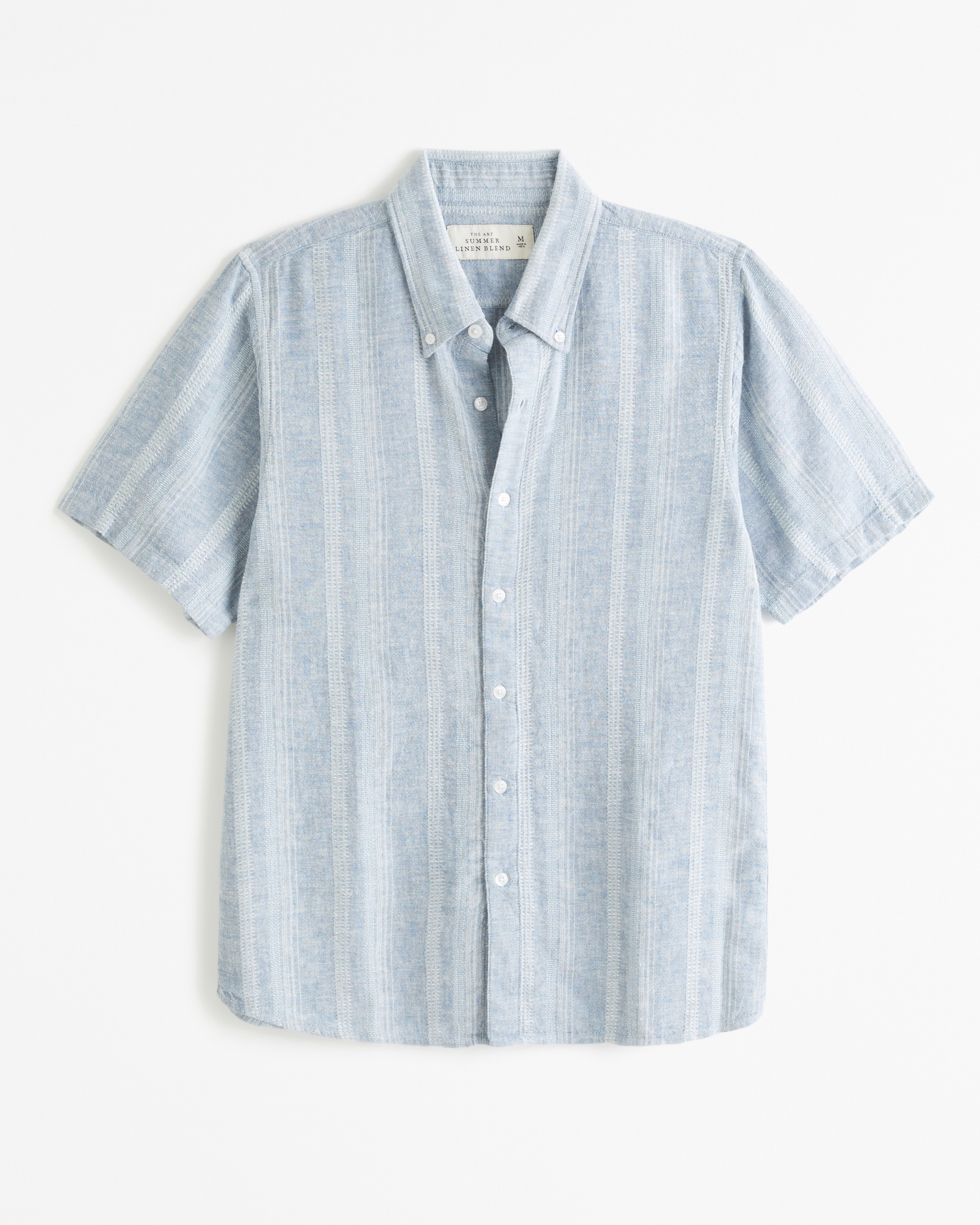 Men's Short-Sleeve Summer Linen-Blend Button-Up Shirt in Light Blue Stripe | Size XS | Abercrombie & Fitch
