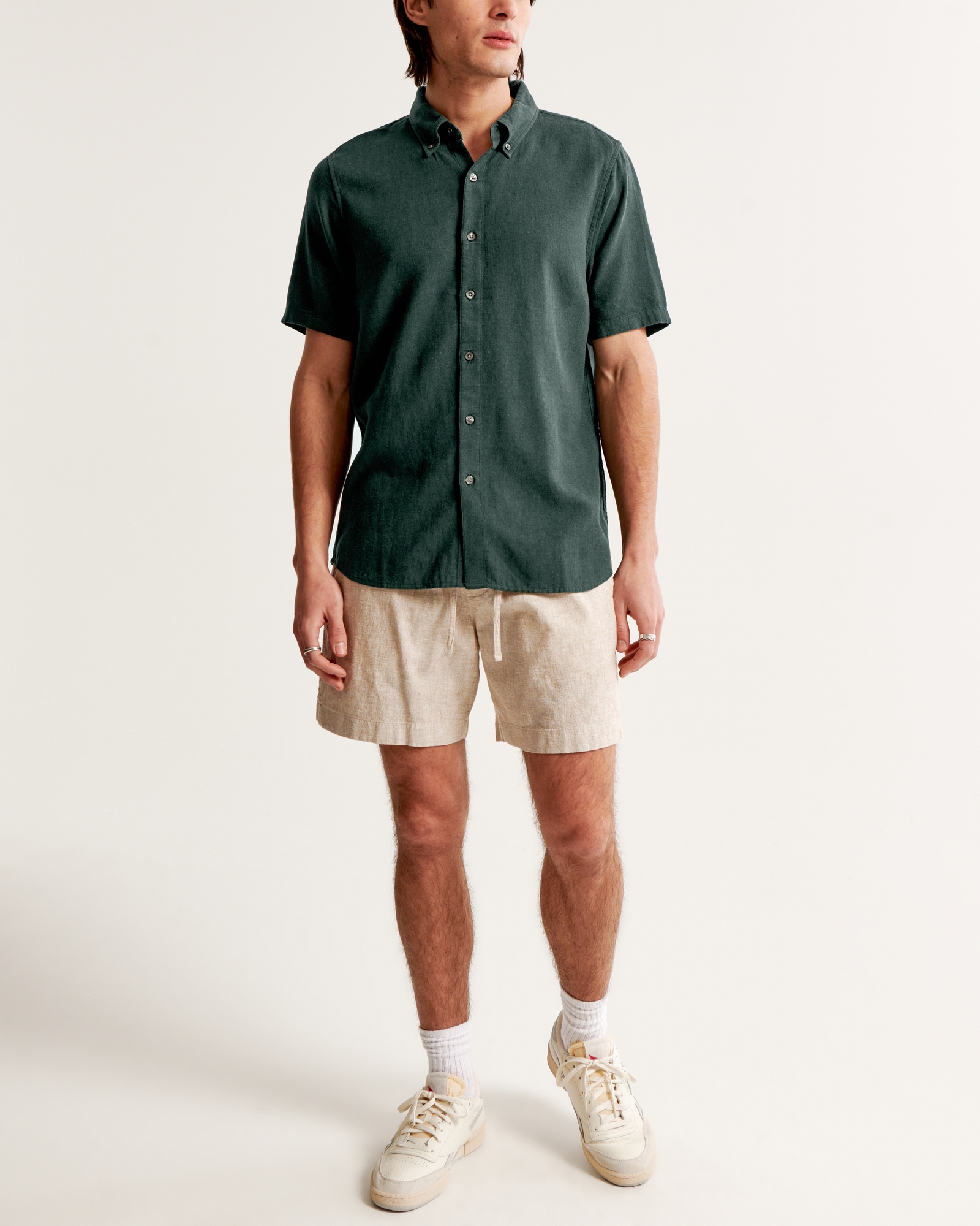 Men's Short-Sleeve Summer Linen-Blend Button-Up Shirt in Dark Green | Size S | Abercrombie & Fitch