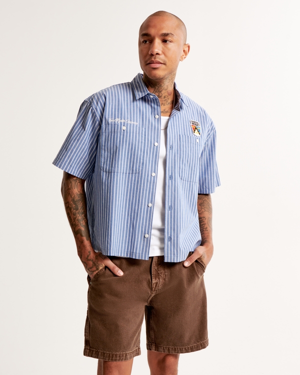 Chemise boutonnée courte style workwear à manches courtes avec graphique, Blue Stripe