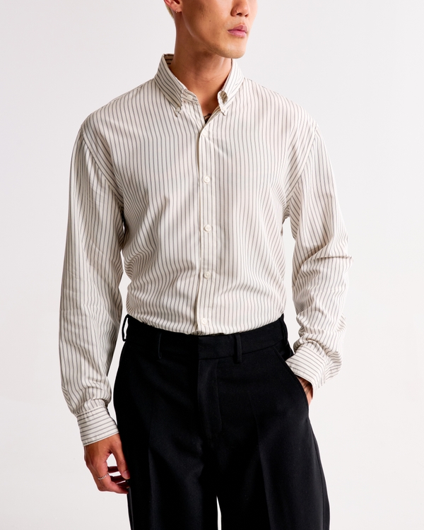 Long-Sleeve Cupro Button-Up Shirt, White Stripe